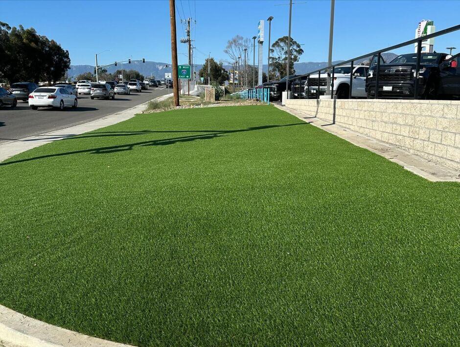 Oak Hills Artificial Grass Installation Tom Bell Chevrolet Redlands CA Commercial Artificial Grass Landscapes, Green-R Turf, Corona, CA